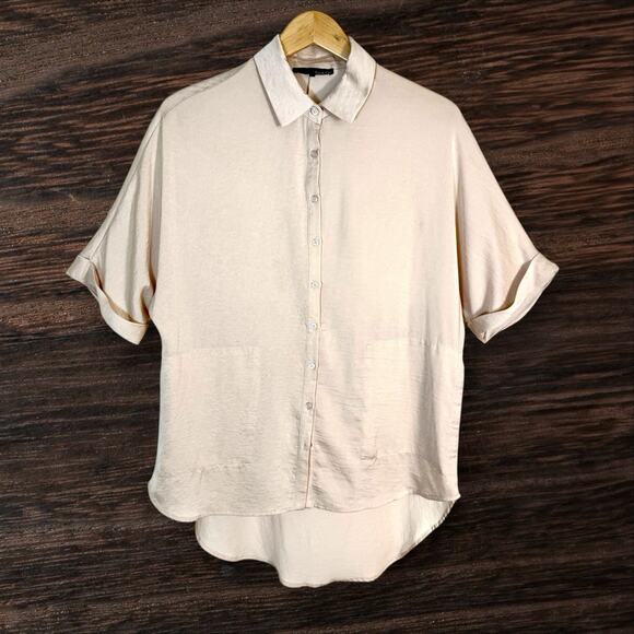 Ro&De Lagenlook Tunic Top Sz M Hi Low Pockets Beige Raglan Short Sleeve Slouchy - Picture 1 of 8